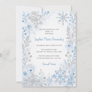 Blaue Silber-Schneeflocken-Blumen-Winter Sweet 16 Einladung
