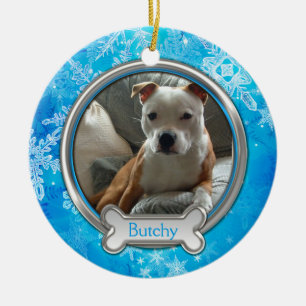 Blaue Silber-Schneeflocken Foto-Weihnachtsbaumanhä Keramikornament