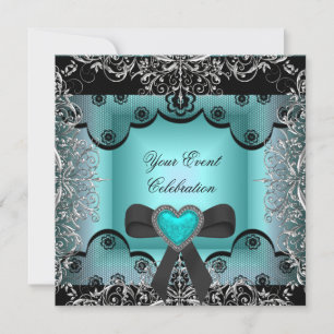 Blaue Silber-Schwarze Spitze Elegante Party Einladung