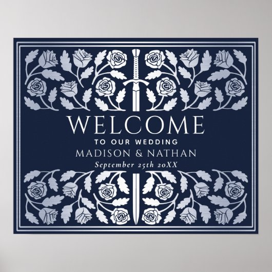 Blaue Silber-Schwert-Königliche-Hochzeit-Empfangss Poster (Vorne)