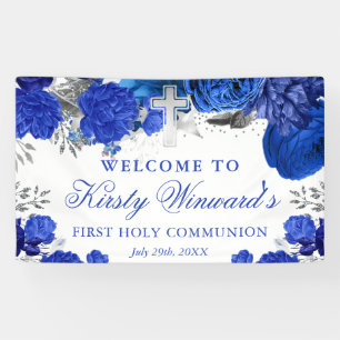 Blaue Silberblumen Wasserfarbe 1. Kommunion Banner