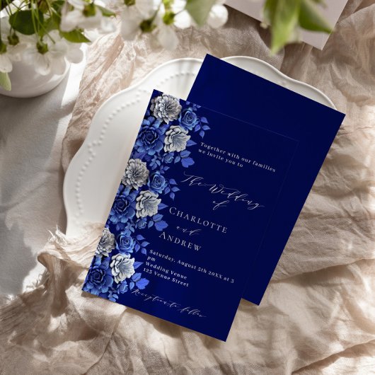 Blaue Silberflorale Hochzeit Einladung