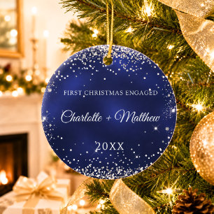 Blaue Silberglitter-Funken verlobt Keramik Ornament