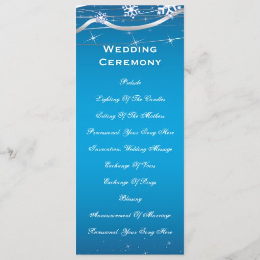 Blaue, silbergraue Schneeflocke Hochzeitskarte Programm (Rückseite)