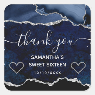 Blaue & silberne Glitter-Marmor-Achat-Sweet-Sixtee Quadratischer Aufkleber