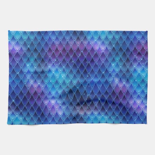 Blaue & silberne Glitzer-Drachenschuppen Geschirrtuch (Horizontal)