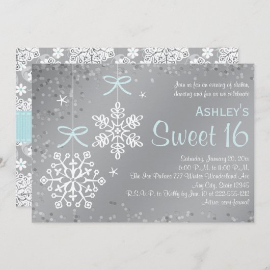 Blaue silberne Schneeflocke-16. Einladung (Vorne/Hinten)