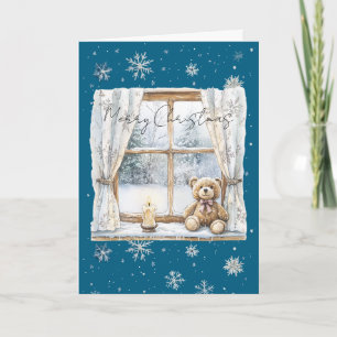 Blaue silberne Schneeflocken-Fenster-Teddybär-Weih Karte