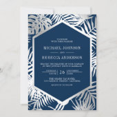 Blaue Silberpalme in einer Hochzeit Einladung (Vorderseite)