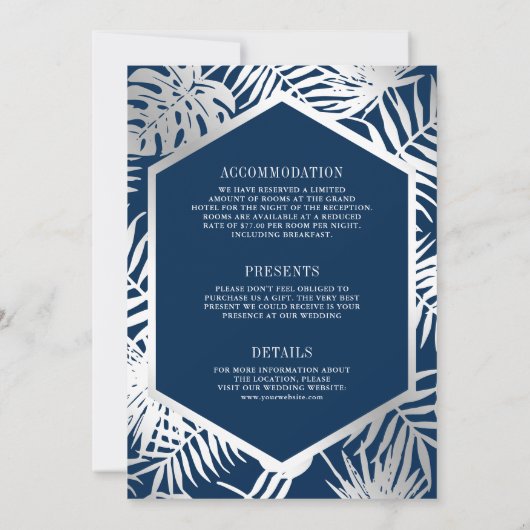 Blaue Silberpalme in einer Hochzeit Einladung (Rückseite)