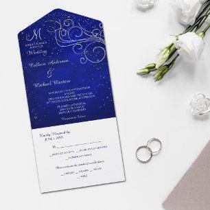 Blaue Silberwirbel Monogramm Fotovorlage Hochzeit All In One Einladung