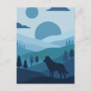 Blaue Silhouette Wolf und Twin Moons Landschaft Postkarte