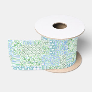 Blaue Singrün-Blumen-Vintages Imitat-Patchwork Satinband