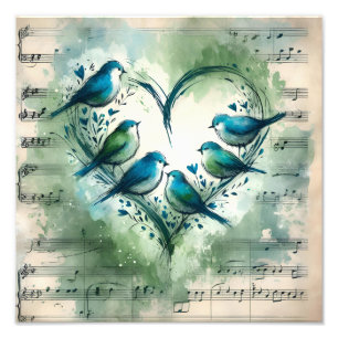 Blaue Singvögel Herz Aquarell mit Vintage-Blatt Fotodruck