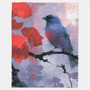 Blaue Singvögel mit kirschroten Blüten Fleecedecke
