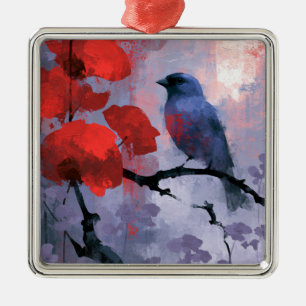 Blaue Singvögel mit kirschroten Blüten Ornament Aus Metall
