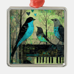 Blaue Singvögel sitzen auf einem Vintage-Piano Ornament Aus Metall