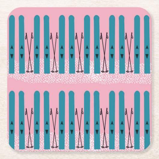 Blaue Skier auf Schnee & rosa Hintergrund Rechteckiger Pappuntersetzer (Vorderseite)