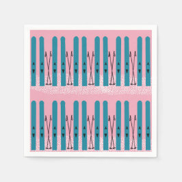 Blaue Skier auf Schnee & rosa Hintergrund Serviette