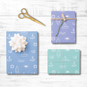Blaue Sommer-Ozean-Linienkunst Nahtloses Muster Geschenkpapier Set