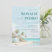 Blaue Sommerstrand-Wasserfarbe QR-Code-Hochzeit Einladung (Stehend Vorderseite)