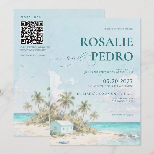 Blaue Sommerstrand-Wasserfarbe QR-Code-Hochzeit Einladung (Vorne/Hinten)