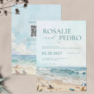 Blaue Sommerstrand-Wasserfarbe-QR-Code-Hochzeit Einladung