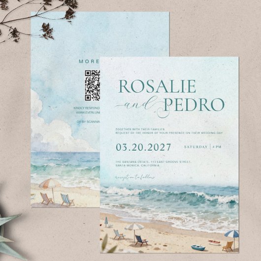 Blaue Sommerstrand-Wasserfarbe-QR-Code-Hochzeit Einladung