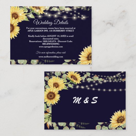Blaue Sonnenblume Eukalyptus String Lights Hochzei Begleitkarte (Vorne/Hinten)