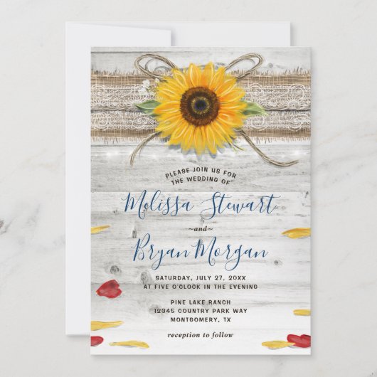 Blaue Sonnenblume Rose Holz Spitzen Rustikale Hoch Einladung (Vorderseite)