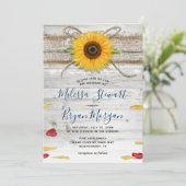 Blaue Sonnenblume Rose Holz Spitzen Rustikale Hoch Einladung (Stehend Vorderseite)