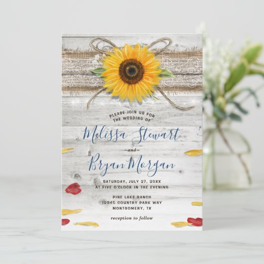 Blaue Sonnenblume Rose Holz Spitzen Rustikale Hoch Einladung (Stehend Vorderseite)