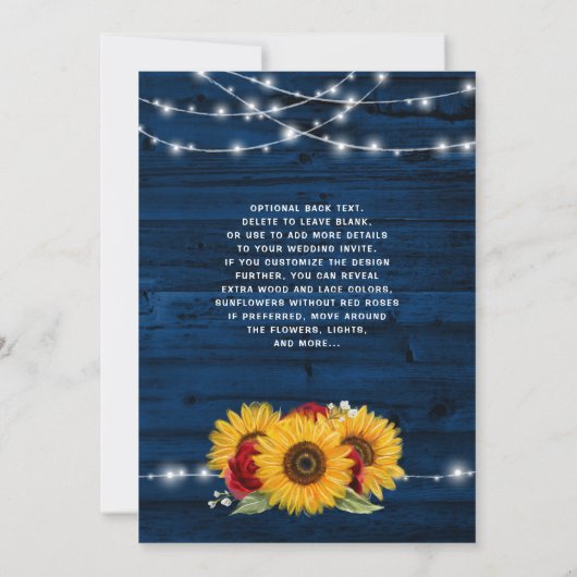 Blaue Sonnenblume Rose Holz Spitzen Rustikale Hoch Einladung (Rückseite)