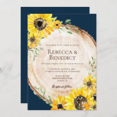 Blaue Sonnenblume Rustikale Holzhochzeit Einladung (Vorne/Hinten)