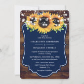 Blaue Sonnenblume Rustikale Holzhochzeit Einladung (Vorderseite)