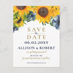 Blaue Sonnenblume Wasserfarbe Hochzeit rustikal Ankündigungspostkarte