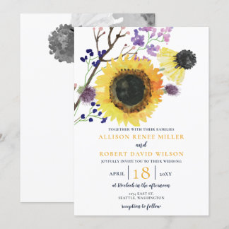 Blaue Sonnenblume Wasserfarbe Hochzeit rustikal Einladung