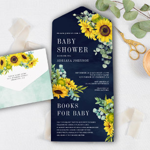 Blaue Sonnenblumen Eukalyptusblätter Baby Shower All In One Einladung
