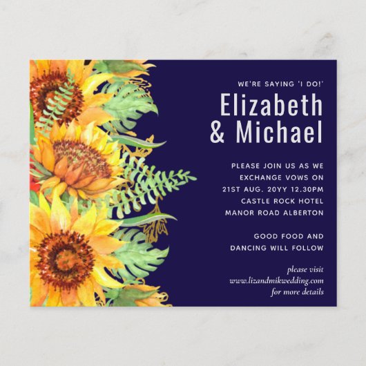 Blaue Sonnenblumen Hochzeitbudget (Vorderseite)