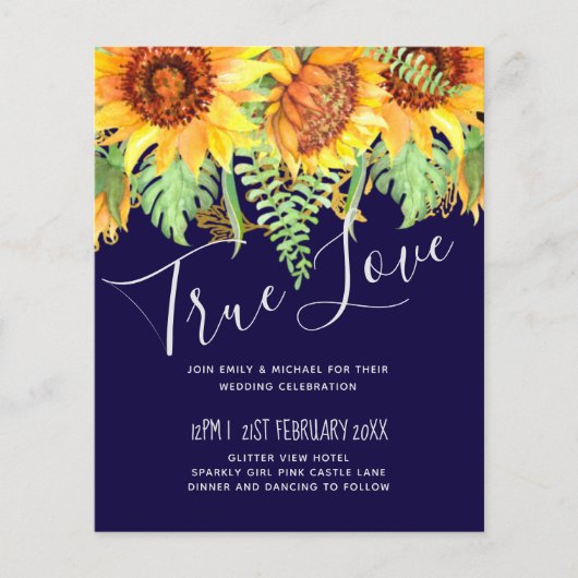 Blaue Sonnenblumen Hochzeitbudget (Vorderseite)