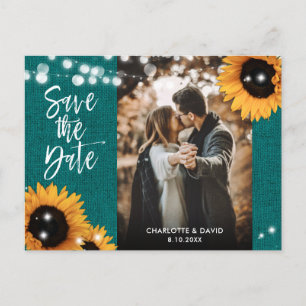Blaue Sonnenblumen-Hochzeitsfoto Save The Date Ankündigungspostkarte
