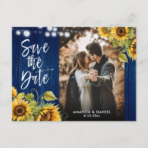 Blaue Sonnenblumen-Hochzeitsfoto Save The Date Ankündigungspostkarte