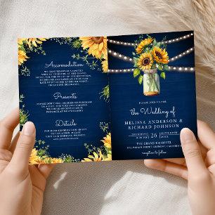 Blaue Sonnenblumen im Mason-Glas QR-Code Hochzeit Einladung