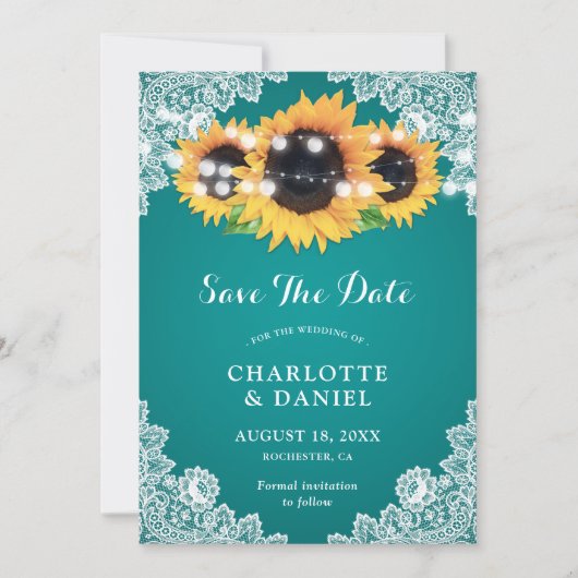 Blaue Sonnenblumen-Lichterkette Rustikale Florale  Save The Date (Vorderseite)