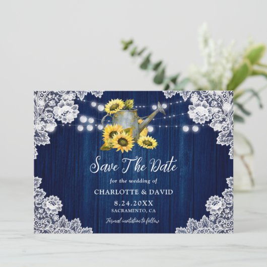 Blaue Sonnenblumenblume mit Spitzhackenwasser Hoch Save The Date (Stehend Vorderseite)