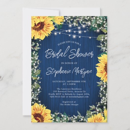 Blaue Sonnenblumenleuchten Brautparty Einladung (Vorderseite)