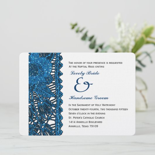 Blaue Spangled Spitze-katholische Einladung (Stehend Vorderseite)