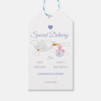 Blaue Special Delivery Storch Baby Shower Geschenkanhänger