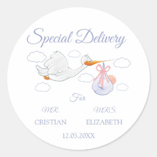 Blaue Special Delivery Storch Baby Shower Runder Aufkleber