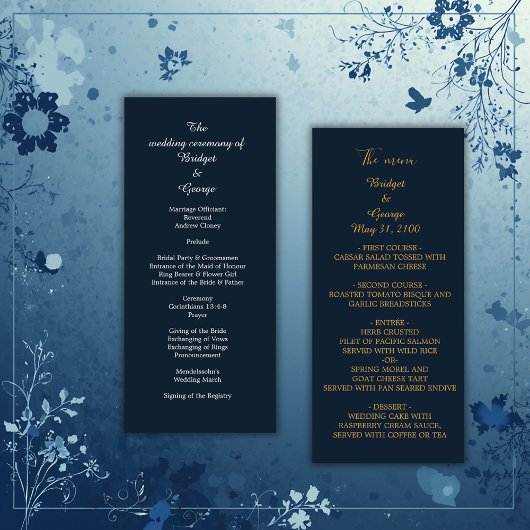 Blaue Speisekarte und Hochzeitskarte Programm